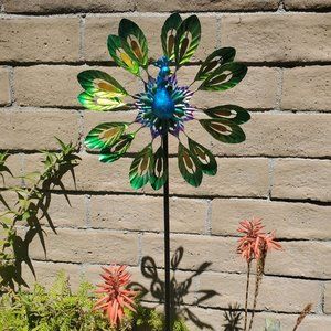 52" H, Large Farmhouse Double Spinner Metal Peacock, Vibrant Color, Yard Art